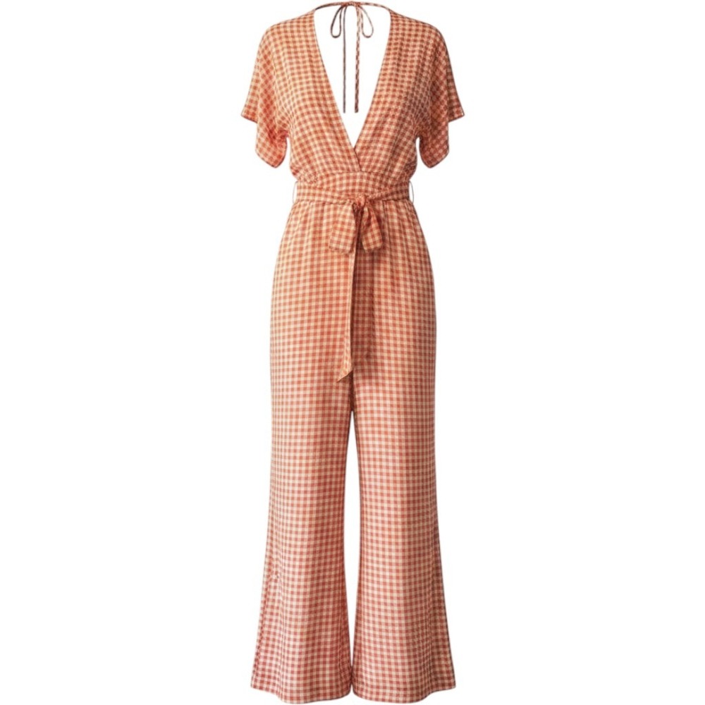 Skylar & Madison Red Gingham Plunge Neck Wide Leg Jumpsuit‎ Open Back TPJU-8001G